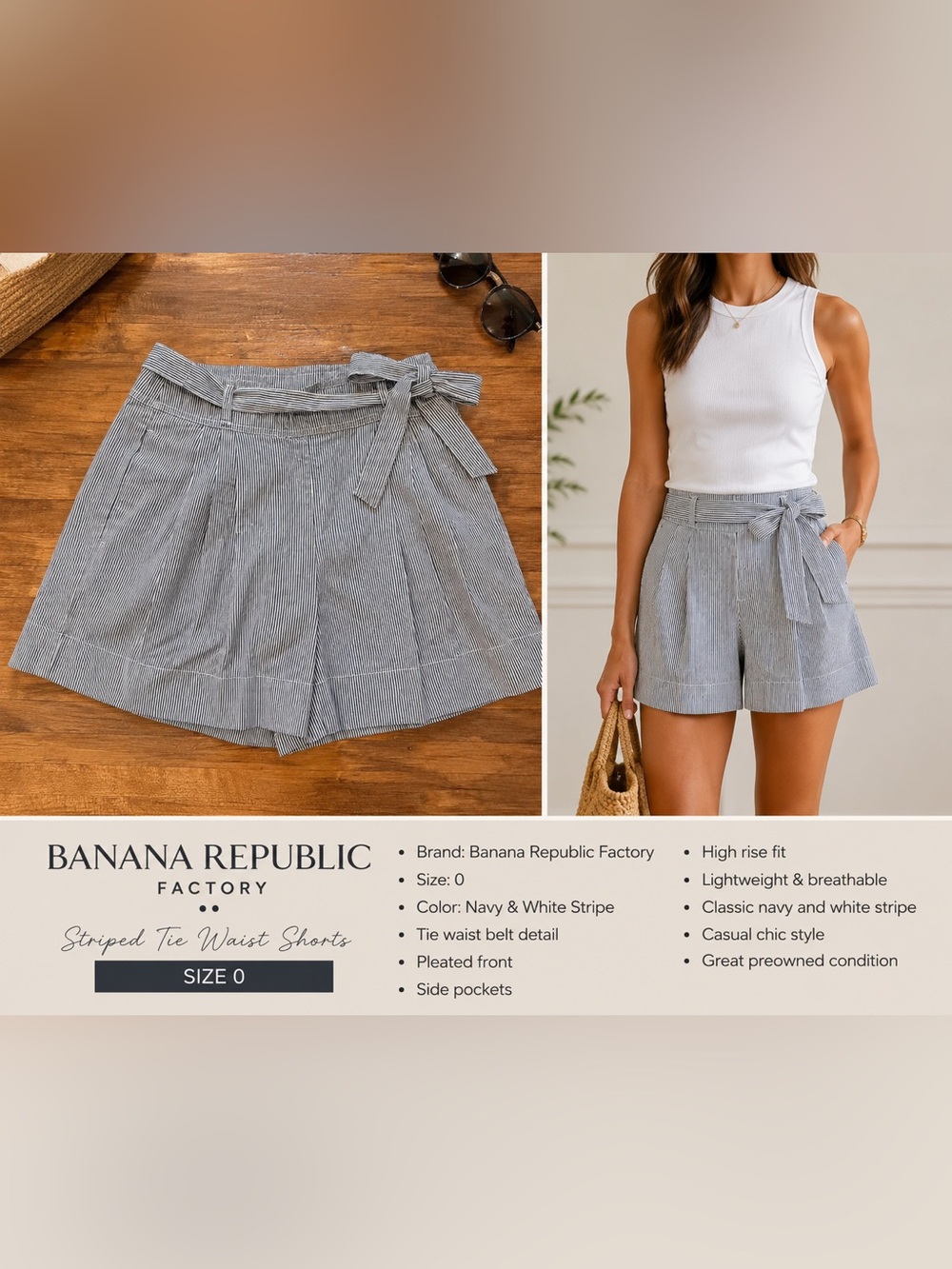 Banana Republic Factory Navy White Striped Tie Waist Shorts Size 0 (v)